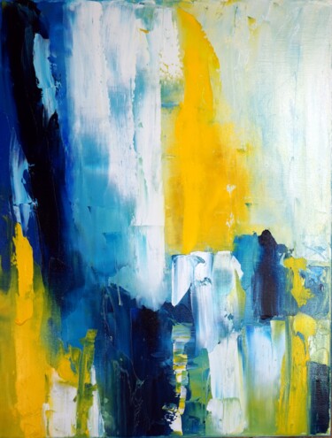 Painting titled "notes-bleues-et-or-…" by Eliette Gaurin, Original Artwork, Oil