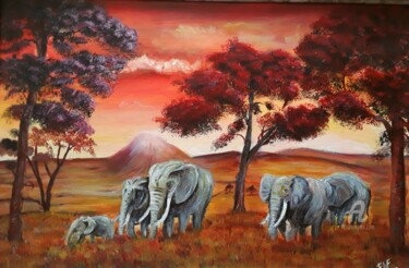 Painting titled "Elefants Family" by Elif Art, Original Artwork, Acrylic