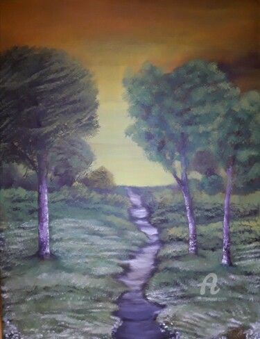 Malerei mit dem Titel "Forest and path" von Elif Art, Original-Kunstwerk, Öl