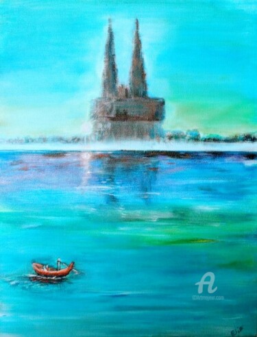 Malerei mit dem Titel "Boat on the Rhine" von Elif Art, Original-Kunstwerk
