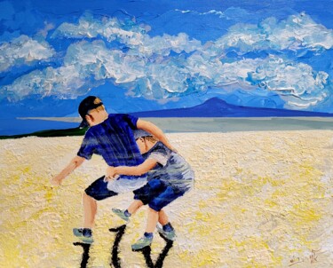 Painting titled "Beach Boys Wrestling" by Eli Gross, Original Artwork, Acrylic