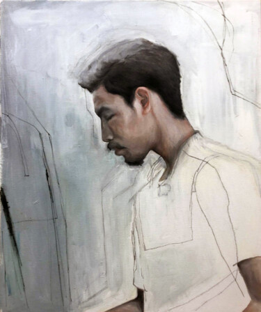 Peinture intitulée "young man with mous…" par Elina Evstig, Œuvre d'art originale, Huile