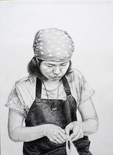 Dessin intitulée "thai worker" par Elina Evstig, Œuvre d'art originale, Crayon
