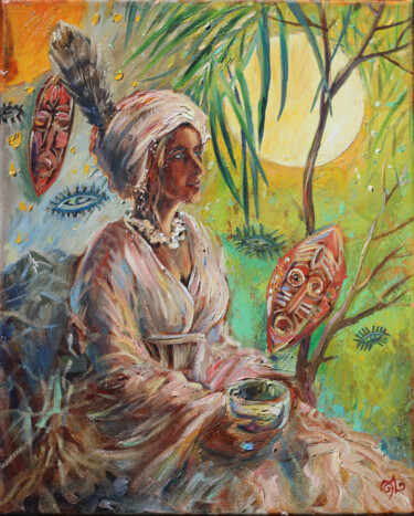 Painting titled "Old Mother" by Elina Vetrova, Original Artwork, Oil Mounted on Wood Stretcher frame