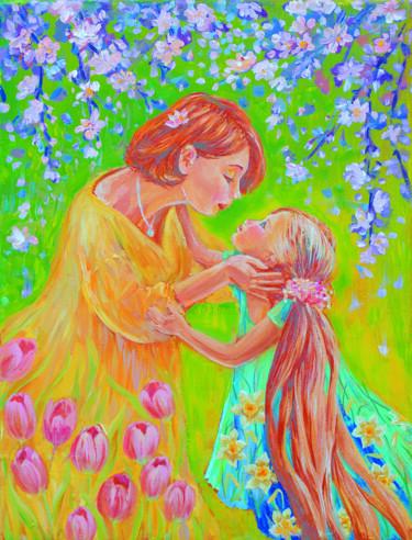 Painting titled "Mother and Child" by Elina Vetrova, Original Artwork, Oil Mounted on Wood Stretcher frame