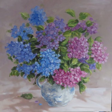 Peinture intitulée "Bouquet d'hortensia…" par Eline, Œuvre d'art originale, Huile