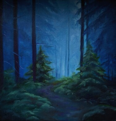 Painting titled "Night forest" by Elisa Aleksenko, Original Artwork, Oil