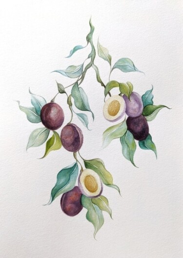 Malarstwo zatytułowany „Plum tree branch” autorstwa Elisa Aleksenko, Oryginalna praca, Akwarela