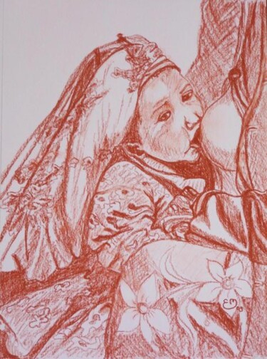 Dessin intitulée "Maternité" par Élisa Brun, Œuvre d'art originale, Fusain