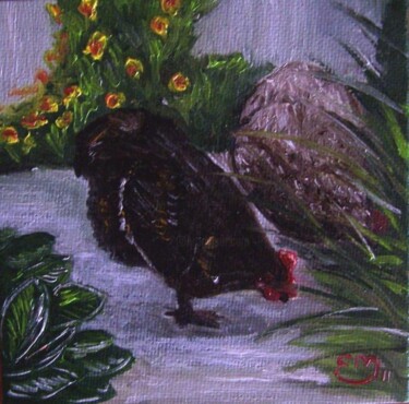 Peinture intitulée "Les poules" par Élisa Brun, Œuvre d'art originale, Huile