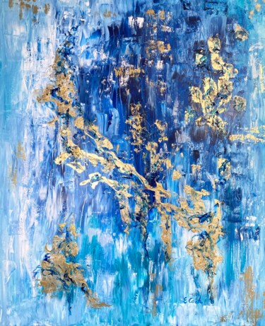 Painting titled "Gold Slivers on Blu…" by Elisa Cook, Original Artwork, Acrylic