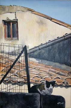 Painting titled "Chat perché" by Elisabeth Begot, Original Artwork, Acrylic