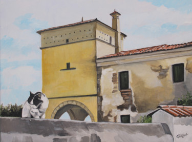 Pittura intitolato "Gatto sul muro" da Elisabeth Begot, Opera d'arte originale, Acrilico