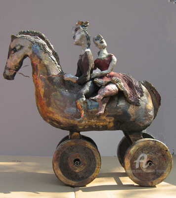 Sculpture intitulée "couple a cheval" par Elisabeth Brainos, Œuvre d'art originale, Céramique