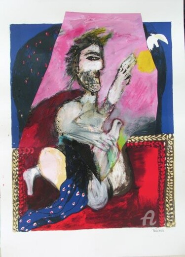 Malerei mit dem Titel "homme a la colombe" von Elisabeth Brainos, Original-Kunstwerk