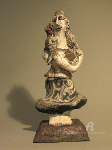 Sculpture titled "petite idole au chat" by Elisabeth Brainos, Original Artwork, Terra cotta