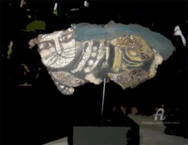 雕塑 标题为“petit panneau chat” 由Elisabeth Brainos, 原创艺术品, 粘土