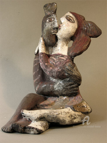 Rzeźba zatytułowany „couple assis enlacés” autorstwa Elisabeth Brainos, Oryginalna praca, Terakota