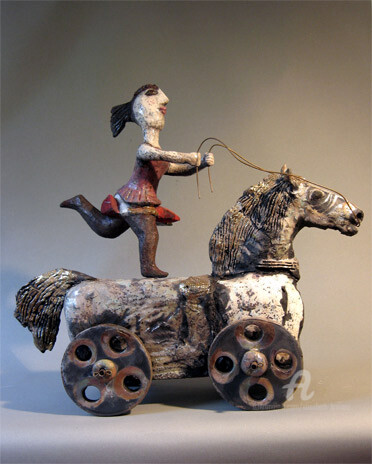 Sculptuur getiteld "ecuyere au vent" door Elisabeth Brainos, Origineel Kunstwerk, Terra cotta