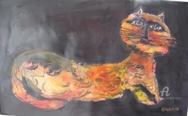 Peinture intitulée "chat sur fond noir" par Elisabeth Brainos, Œuvre d'art originale