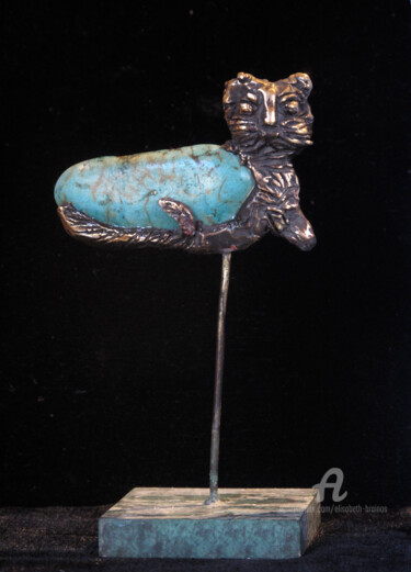Sculpture titled "Chat turquoise" by Elisabeth Brainos, Original Artwork, Bronze