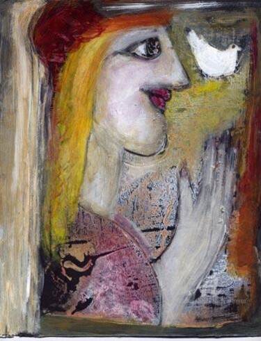 Peinture intitulée "la blonde a l'oiseau" par Elisabeth Brainos, Œuvre d'art originale