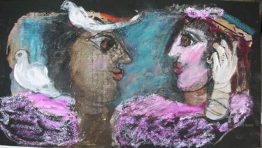 Peinture intitulée "couple ange et colo…" par Elisabeth Brainos, Œuvre d'art originale, Huile