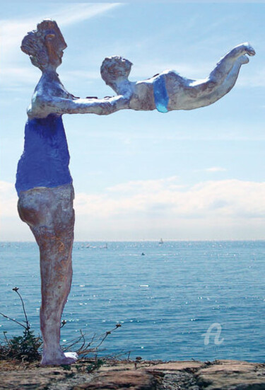 Sculpture titled "Femme à l'enfant vo…" by Elisabeth Brainos, Original Artwork, Bronze