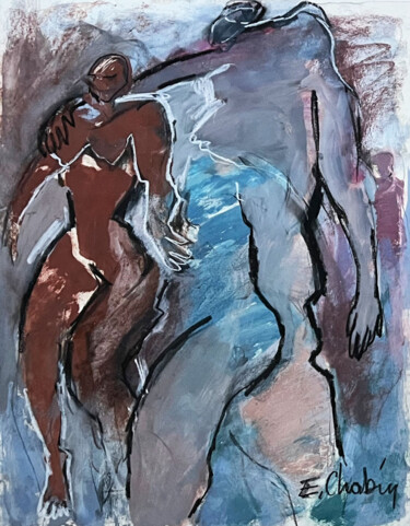 Malerei mit dem Titel ""Le couple"" von Elisabeth Chabin, Original-Kunstwerk, Gouache