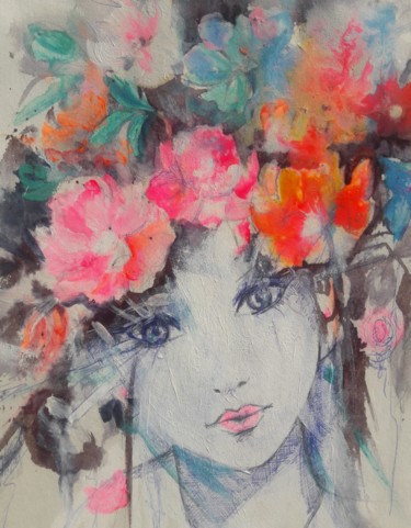 Peinture intitulée "La dame aux fleurs" par Elisabeth Constantin, Œuvre d'art originale, Acrylique