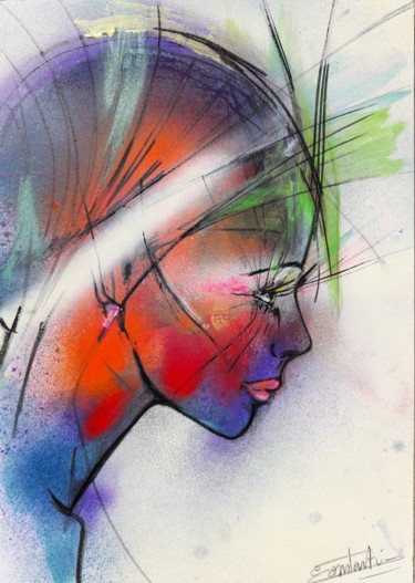 Картина под названием "Doux profil" - Elisabeth Constantin, Подлинное произведение искусства, Рисунок распылителем краски