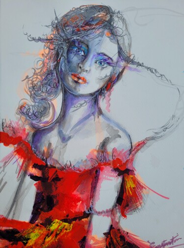 Картина под названием "La robe rouge" - Elisabeth Constantin, Подлинное произведение искусства, Акрил