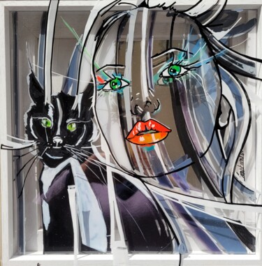 Schilderij getiteld "Le chat noir" door Elisabeth Constantin, Origineel Kunstwerk, Acryl