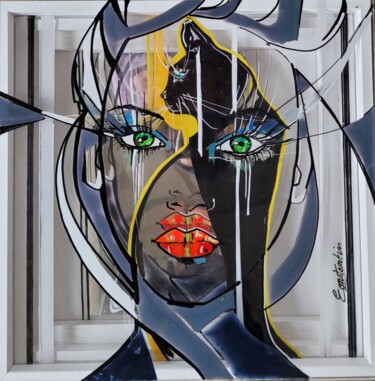 Malarstwo zatytułowany „Le chat visage” autorstwa Elisabeth Constantin, Oryginalna praca, Atrament Zamontowany na Drewniana…