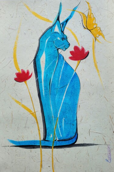 绘画 标题为“Le Felin d'Azur” 由Elisabeth Constantin, 原创艺术品, 墨