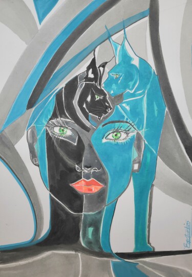 Картина под названием "Les yeux félines" - Elisabeth Constantin, Подлинное произведение искусства, Чернила
