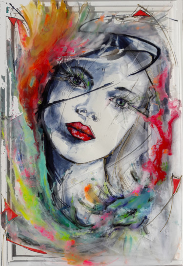 Peinture intitulée "La femme aux lèvres…" par Elisabeth Constantin, Œuvre d'art originale, Acrylique