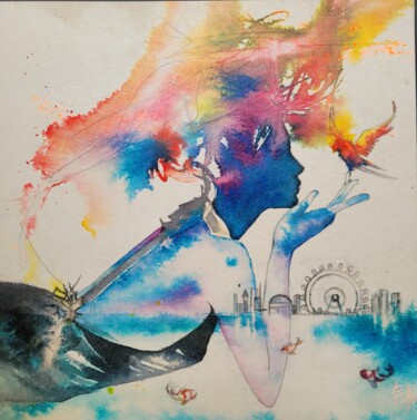 Painting titled "L'oiseau de feu" by Elisabeth Constantin, Original Artwork, Ink