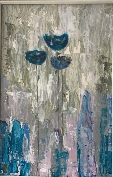 Painting titled "Blue Poppies" by Elisabeth Fabre Derulliere, Original Artwork, Acrylic Mounted on Cardboard