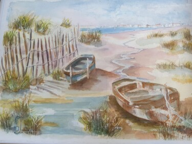 Painting titled "Barques" by Elisabeth Fabre Derulliere, Original Artwork, Watercolor Mounted on artwork_cat.