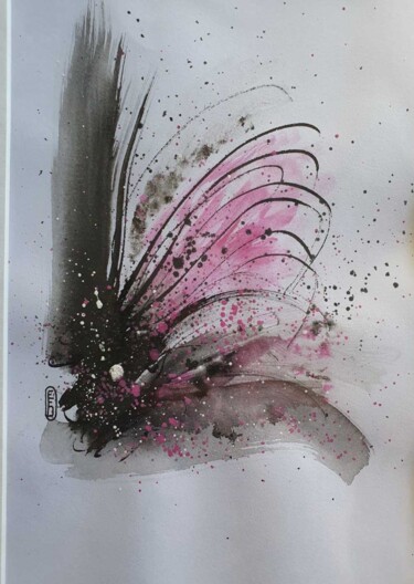 Painting titled "Plume rose" by Elisabeth Fabre Derulliere, Original Artwork, Ink Mounted on Cardboard