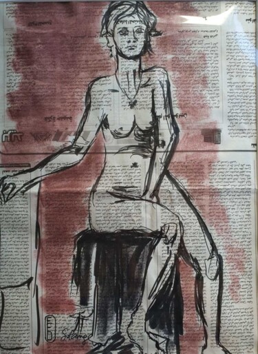 Zeichnungen mit dem Titel "Solange sur journal" von Elisabeth Fabre Derulliere, Original-Kunstwerk, Kohle