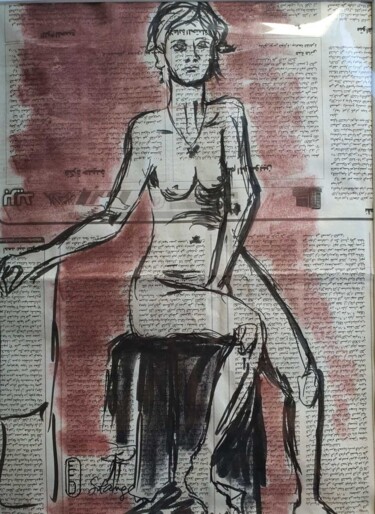 Drawing titled "Solange sur journal" by Elisabeth Fabre Derulliere, Original Artwork, Charcoal