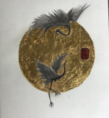 Painting titled "Grues japonaises" by Elisabeth Fabre Derulliere, Original Artwork, Acrylic