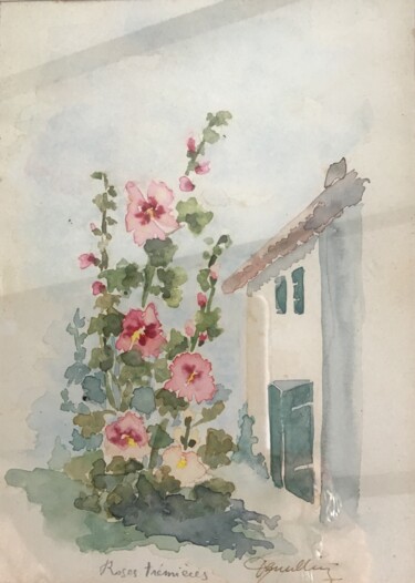 Painting titled "Roses trémières à T…" by Elisabeth Fabre Derulliere, Original Artwork, Watercolor
