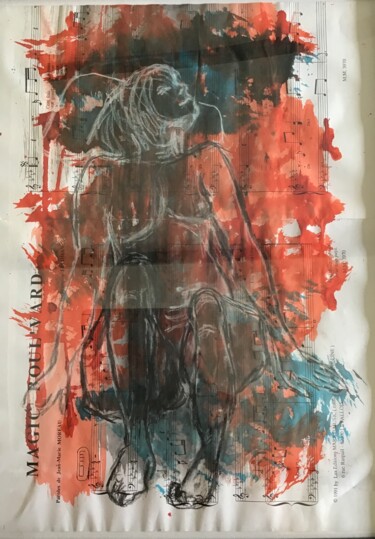Painting titled "Nu rouge turquoise…" by Elisabeth Fabre Derulliere, Original Artwork, Charcoal