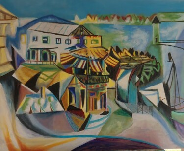 Картина под названием "Le café des bains d…" - Elisabeth Fabre Derulliere, Подлинное произведение искусства, Масло