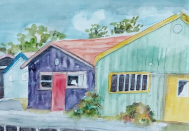 Painting titled "Cabanes ostreicoles" by Elisabeth Fabre Derulliere, Original Artwork, Watercolor Mounted on Wood Panel