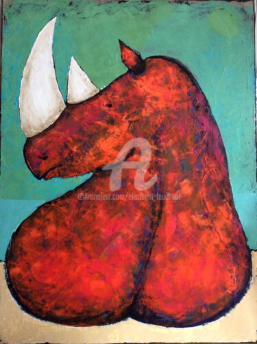 Painting titled "« Rhino à la plage »" by Elisabeth Faucheur, Original Artwork, Acrylic