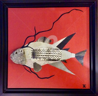 Collages titled "« Poisson fond roug…" by Elisabeth Faucheur, Original Artwork, Collages Mounted on Wood Panel
